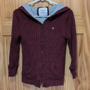 American Eagle Outfitters Women's Maroon Hooded Cardigan